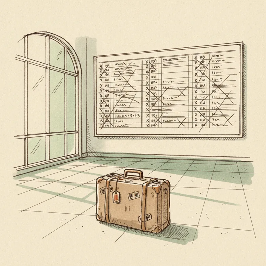 A traveler with a single suitcase arriving on a new shore