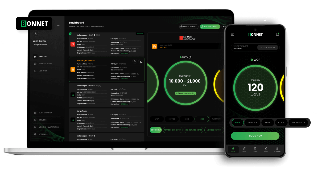 The Bonnet dashboard and phone app show a fleet's compliance status side by side.