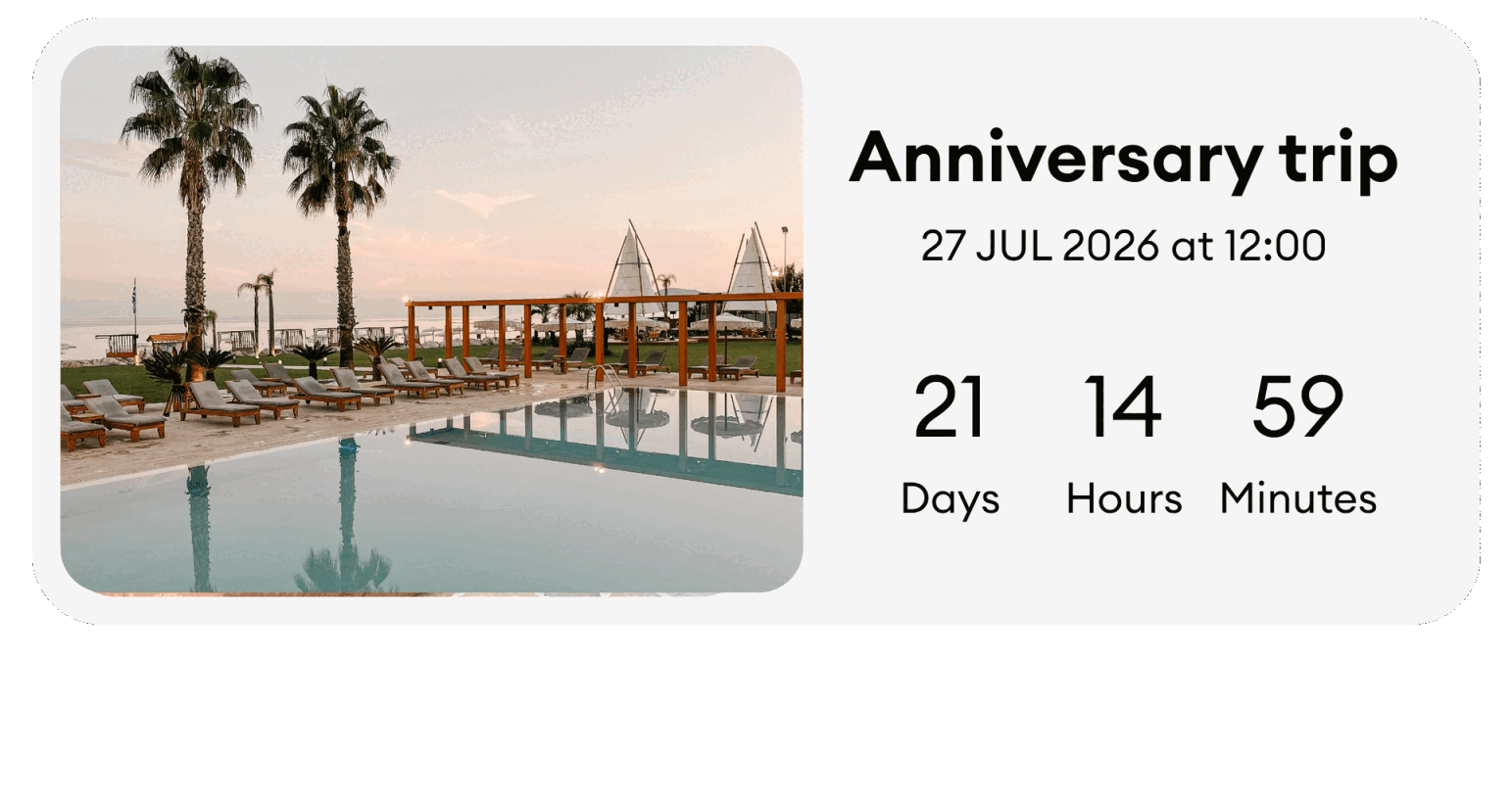 The app puts one couple's shared plans, here an anniversary trip, on a single countdown card.