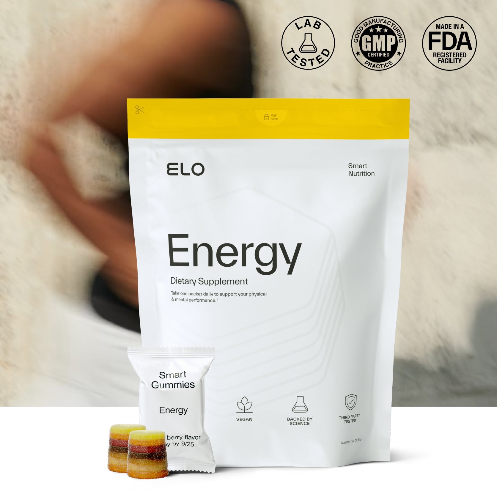 Elo's Energy pouch holds the 3D-printed gummies Elo makes from one customer's own formula.