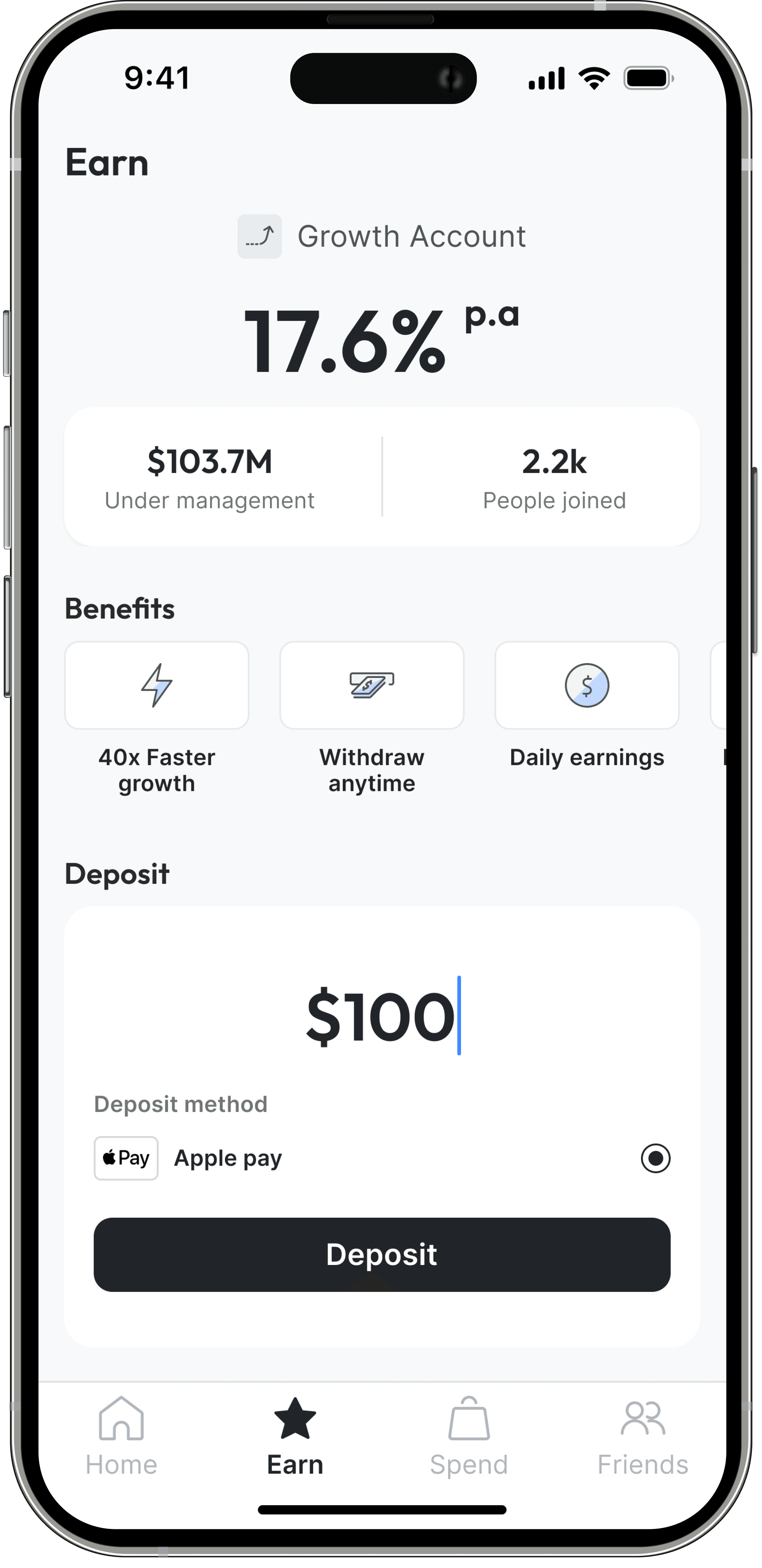 The Gluon app shows a yield account balance and a deposit field on a phone.