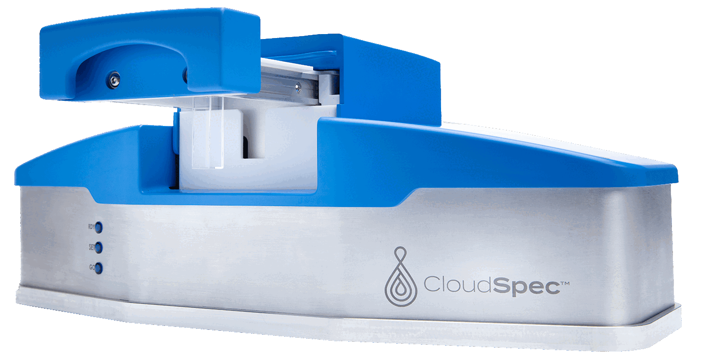 CloudSpec is a benchtop instrument with a sample chamber that opens on the top.