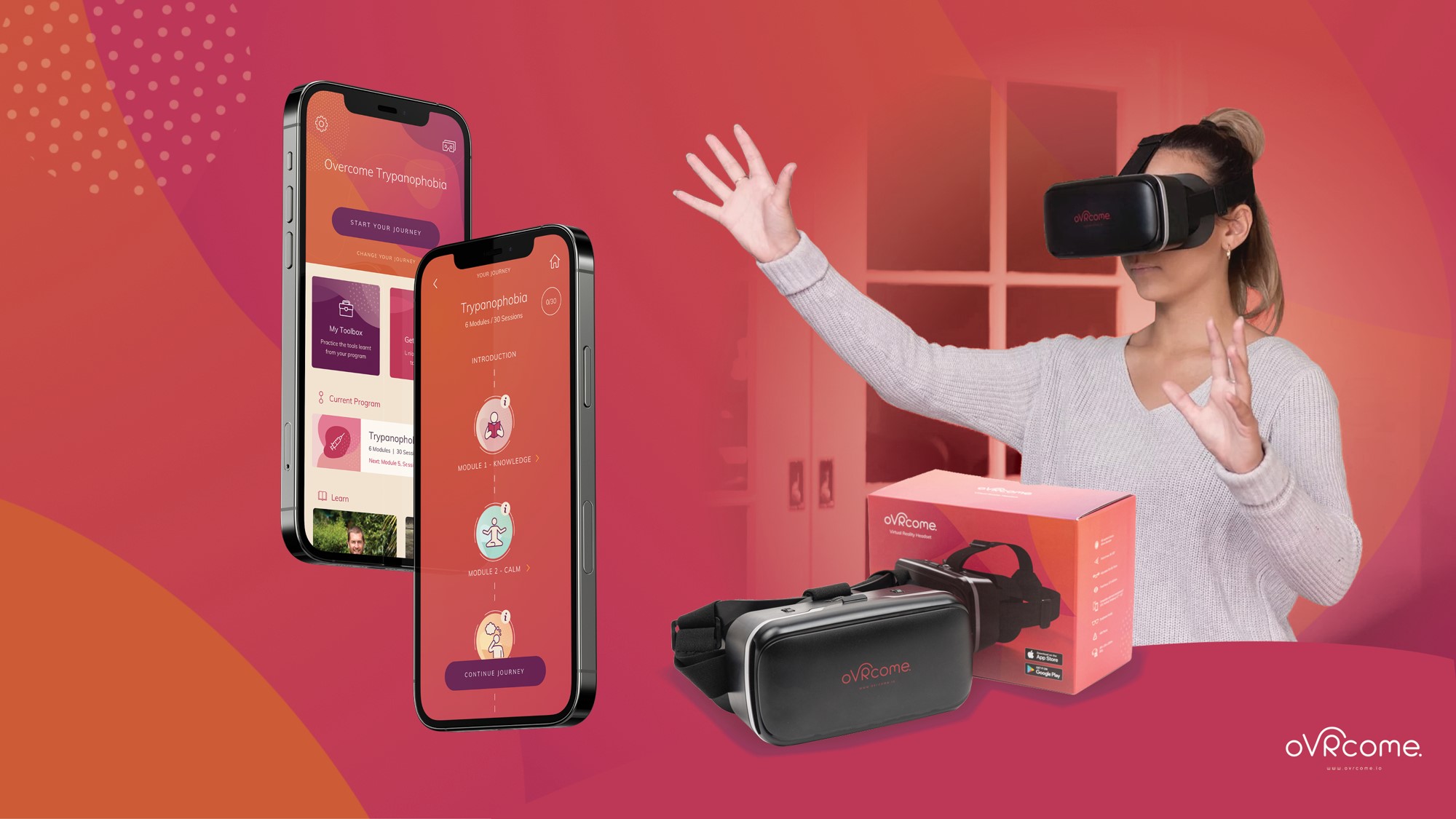 A person works through an oVRcome exposure session in a headset, hands up in front of them.