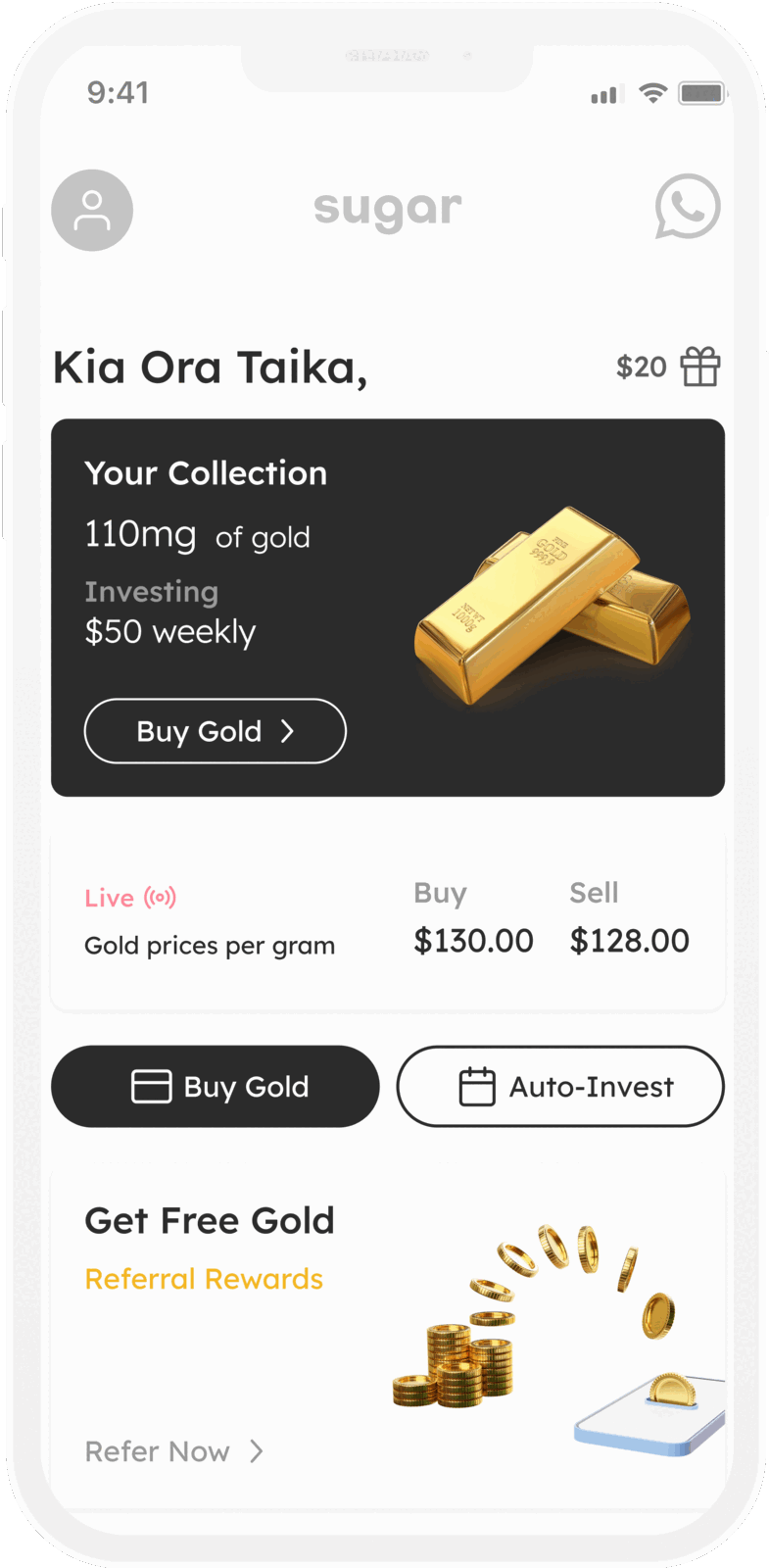 The app shows a holding of 110mg of gold and a $50 weekly buy running underneath it.